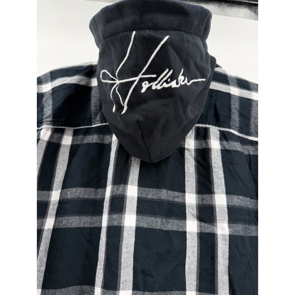 Hollister Mens Black White Plaid Hooded Flannel Shirt Large Embroidered Logo